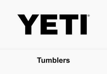 Black YETI wordmark above the word Tumblers on white