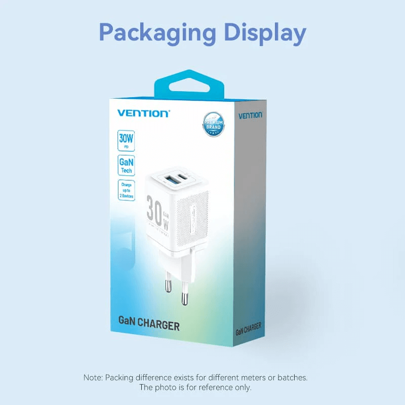 Vention Dual Ports USB (C+A) GaN Charger 30W packaging display with product features.