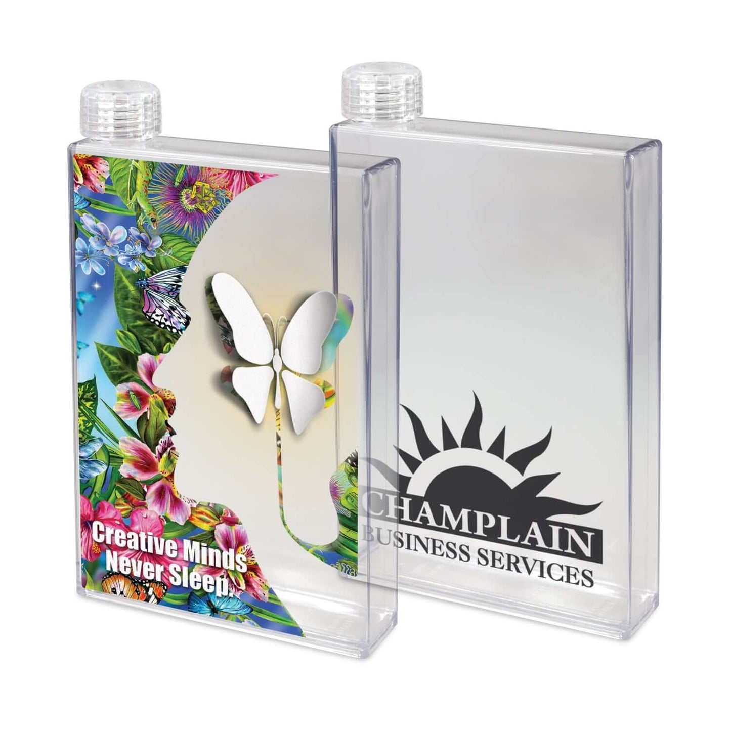 Notebook Water Bottle featuring colorful design with butterfly and floral elements, perfect as a corporate gift.