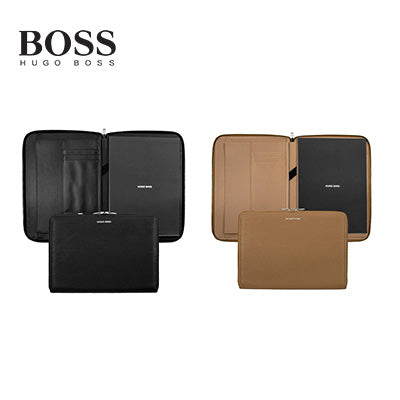 Hugo Boss Conference Folder Zip A4 Pure Iconic in black and tan, perfect for corporate gift giving.
