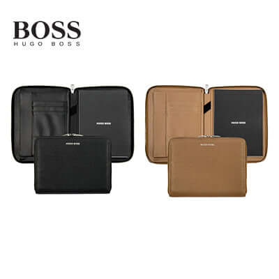 Hugo Boss Conference Folder A5 Pure Iconic in black and camel, elegant corporate gift with refined details.