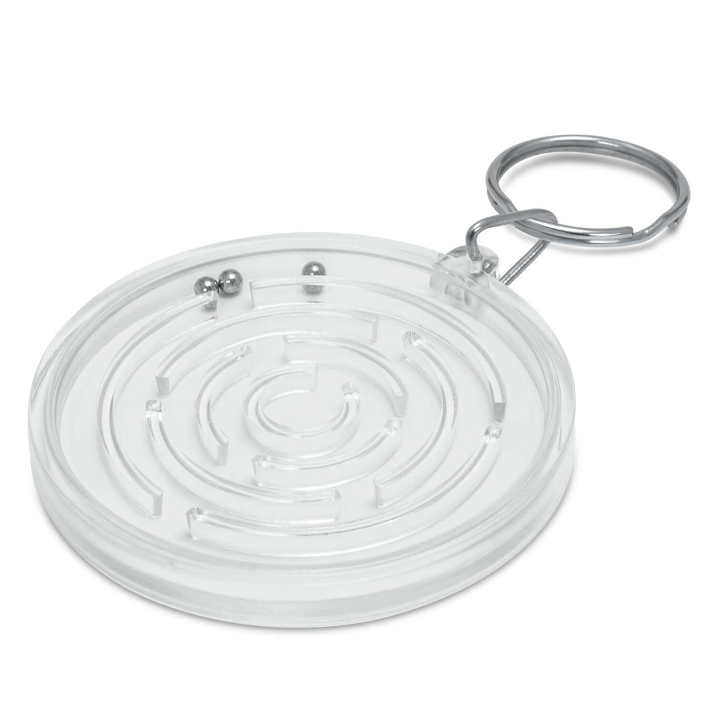 Puzzle Key Ring featuring a clear maze design with metal ball bearings for stress relief and branding opportunities.