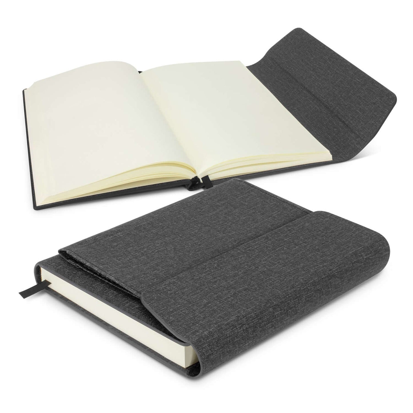 Stanford Notebook with heather style PU finish, open pages, and bookmark ribbon, ideal for a corporate gift.