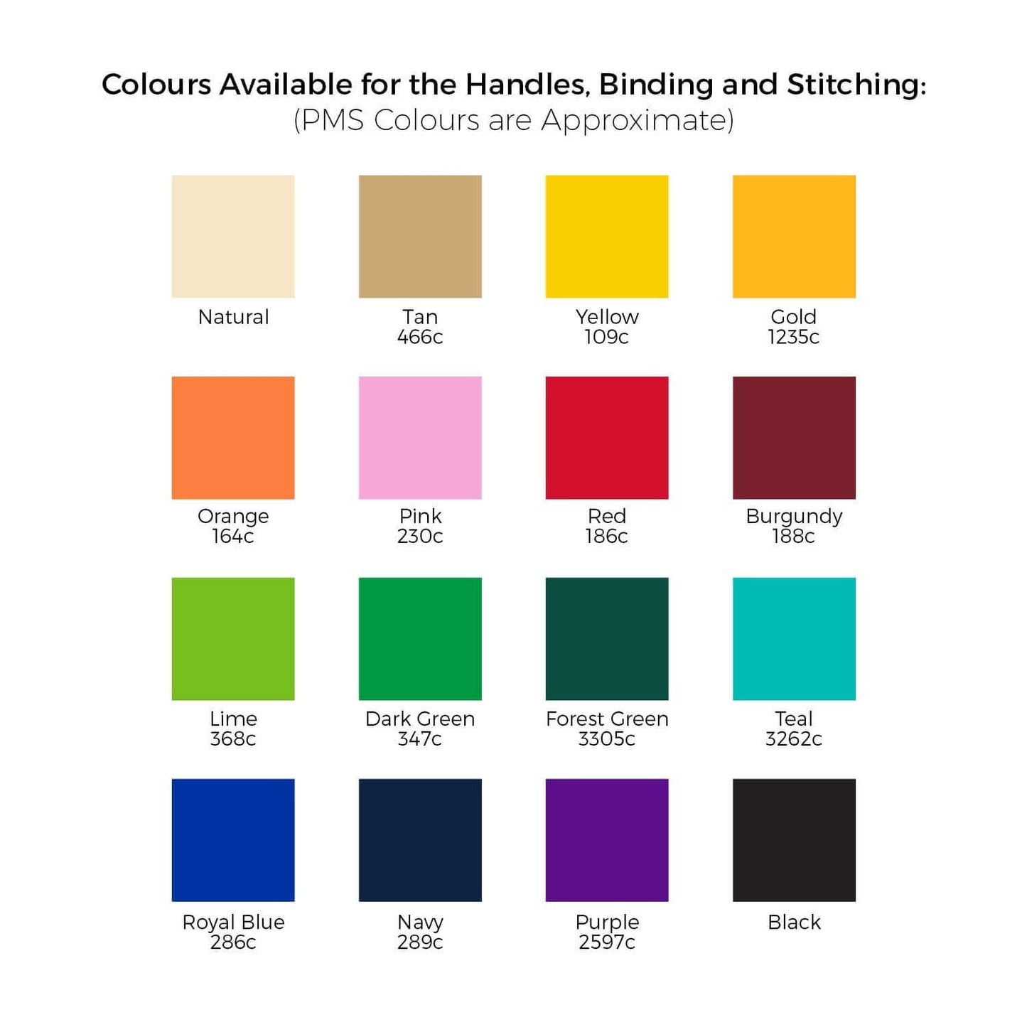 Trevi Cotton Tote Bag color options for handles, binding and stitching, featuring 16 vibrant custom colors.