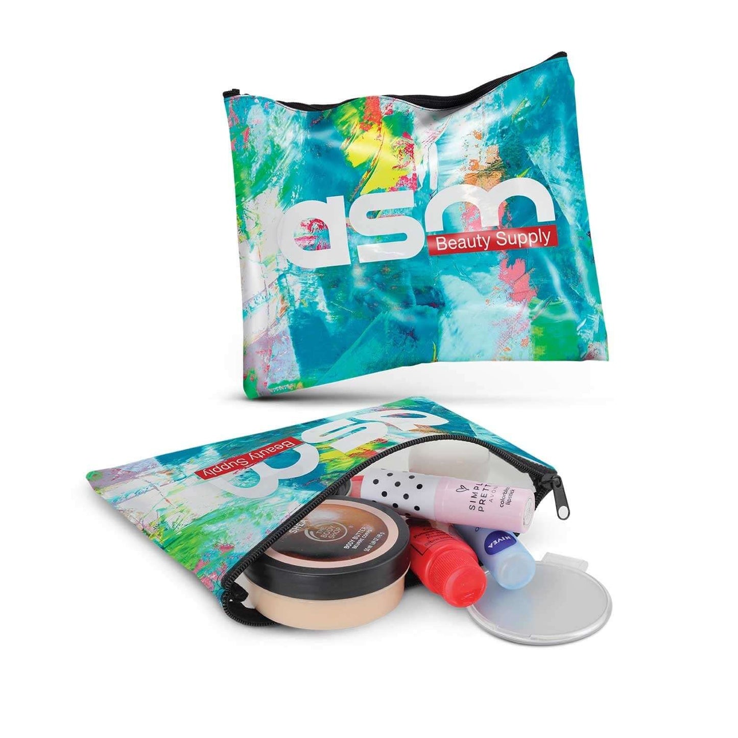 Madonna Cosmetic Bag - Small featuring vibrant design with cosmetics inside, perfect for a stylish corporate gift.