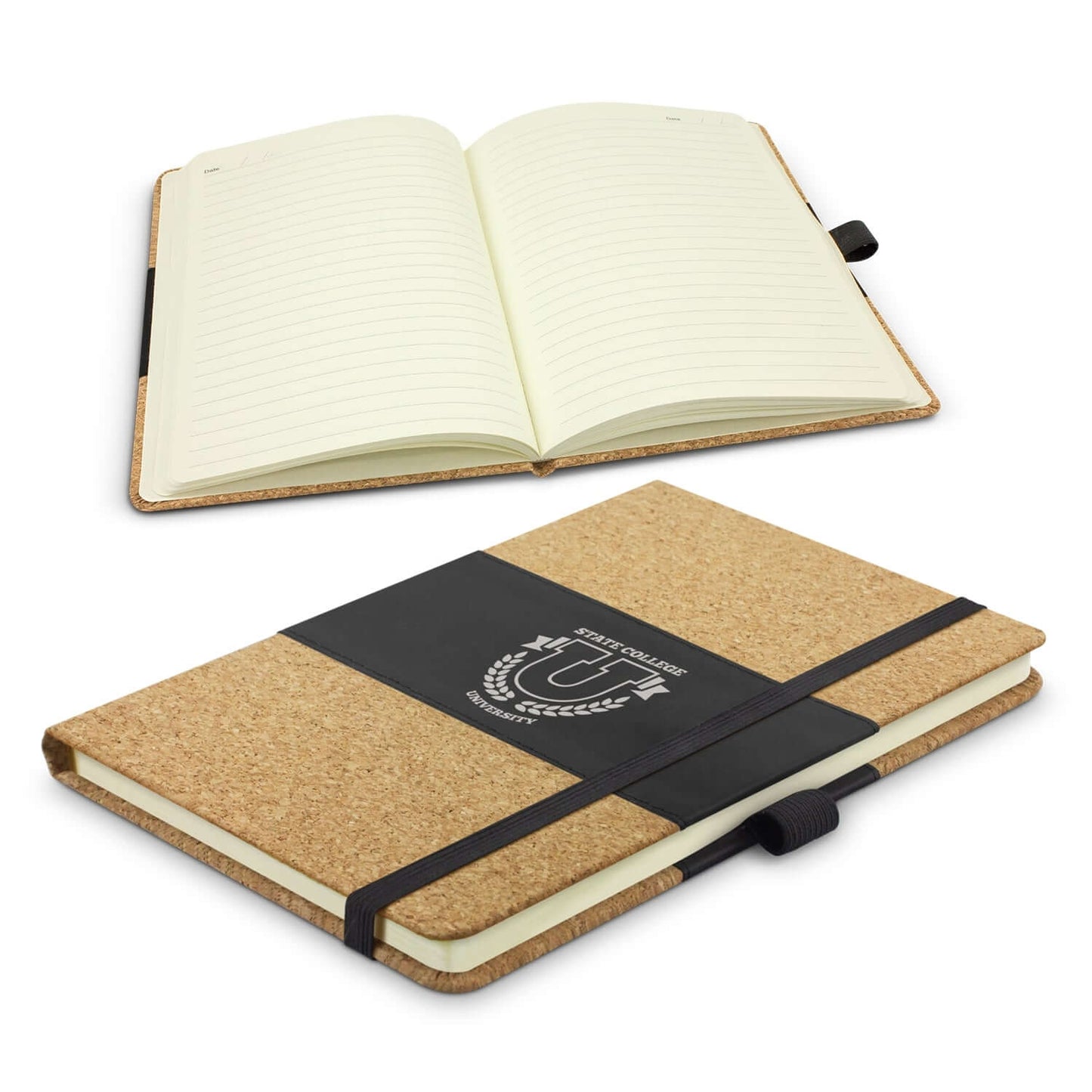 Inca Notebook open with lined pages and cork cover, perfect as a stylish corporate gift.