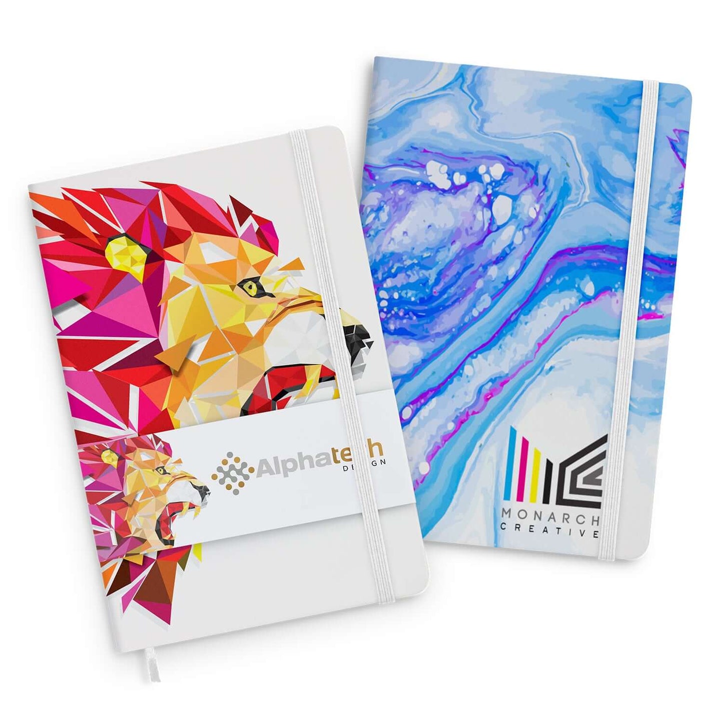 Supra Full Colour Notebook featuring vibrant designs, customizable covers, and elastic closures for corporate gifts.