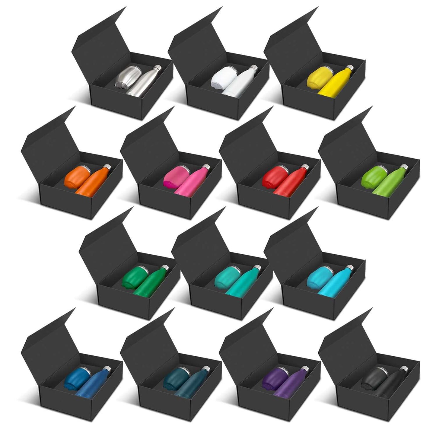 Cordia Vacuum Gift Set featuring colorful vacuum bottles and cups in elegant black gift boxes.