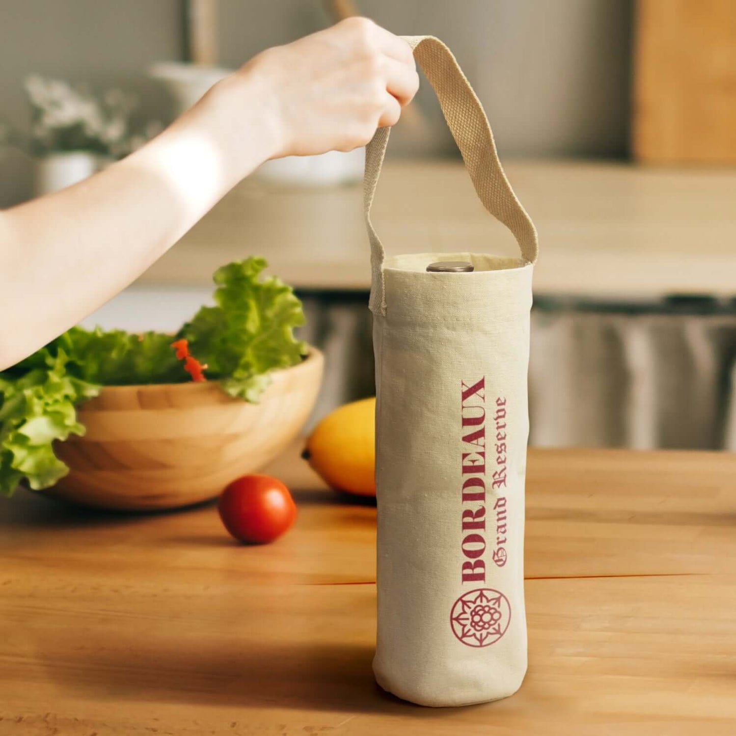 Cotton Wine Tote Bag showcased with a hand, perfect for a stylish corporate gift and eco-friendly wine carrying.