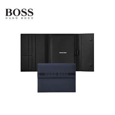 Hugo Boss Folder A5 Cloud displaying dark blue exterior and oversized logo, ideal corporate gift.