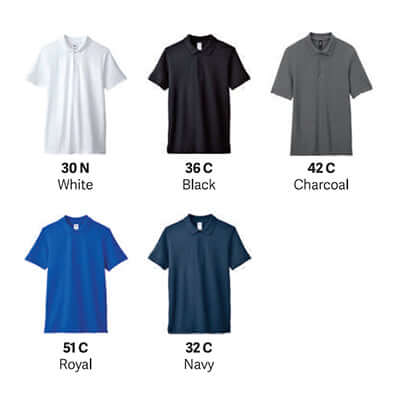 Different color options of Gildan Hammer Cotton Pique Polo Shirt including White, Black, Charcoal, Royal, and Navy.