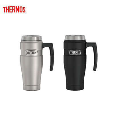 Thermos 0.47L Stainless King Travel Mug in silver and black colors, perfect for corporate gift use.