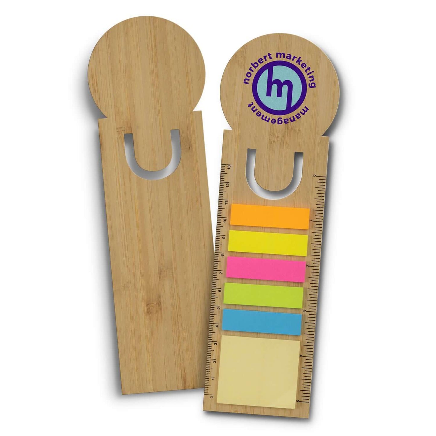 Bamboo Ruler Bookmark Round with sticky notes and flags, perfect for students and as a corporate gift.