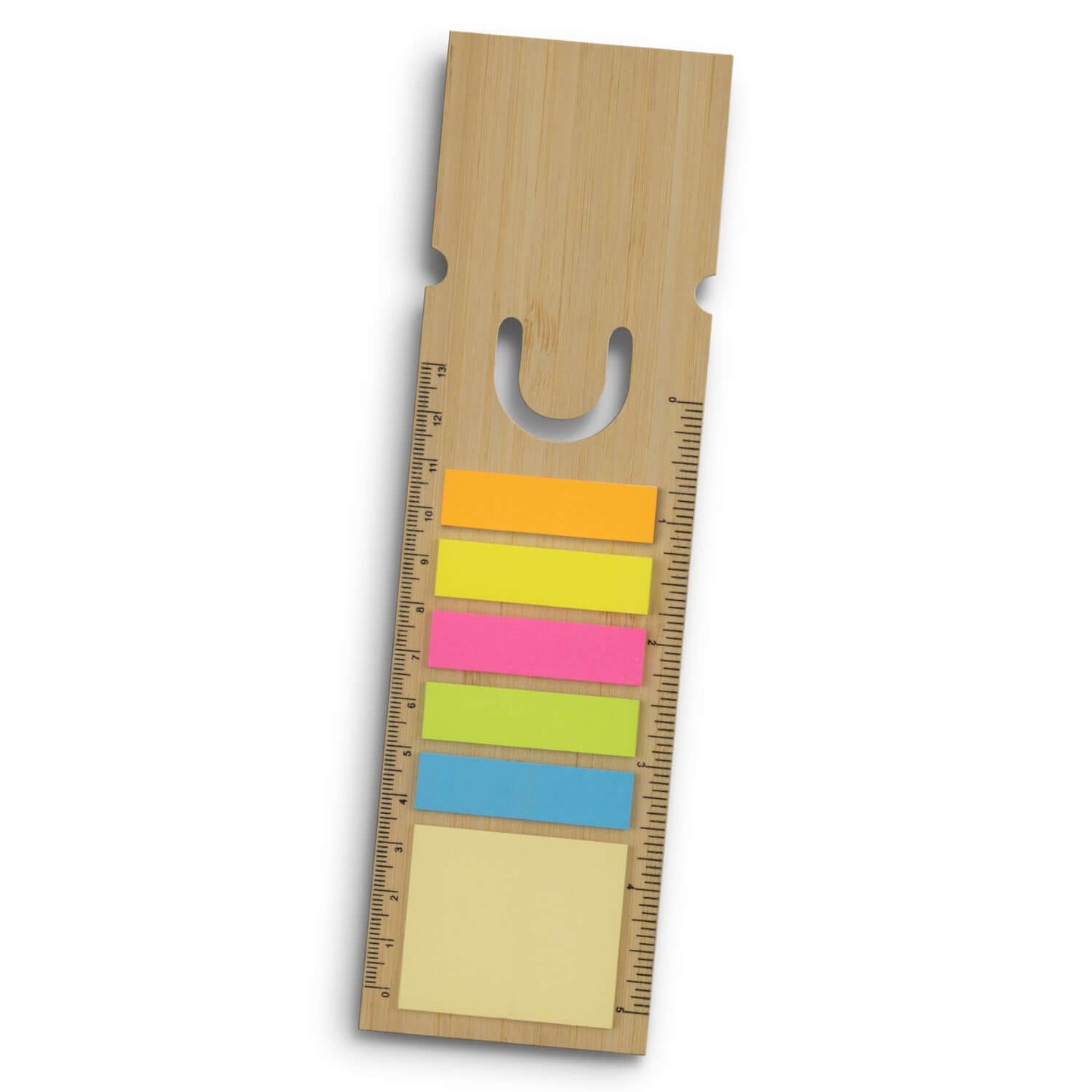 Bamboo Ruler Bookmark Square with vibrant adhesive flags and sticky notes, perfect as a corporate gift.