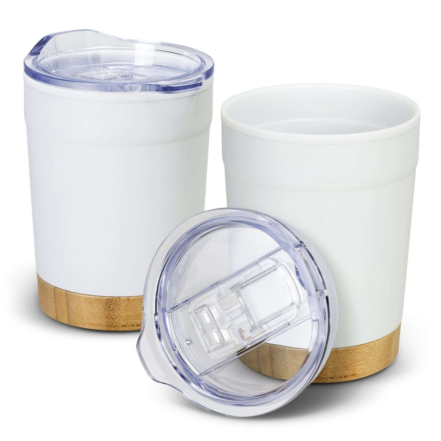 Valetta Double Wall Cup with natural bamboo base and clear lid, perfect as a stylish corporate gift.