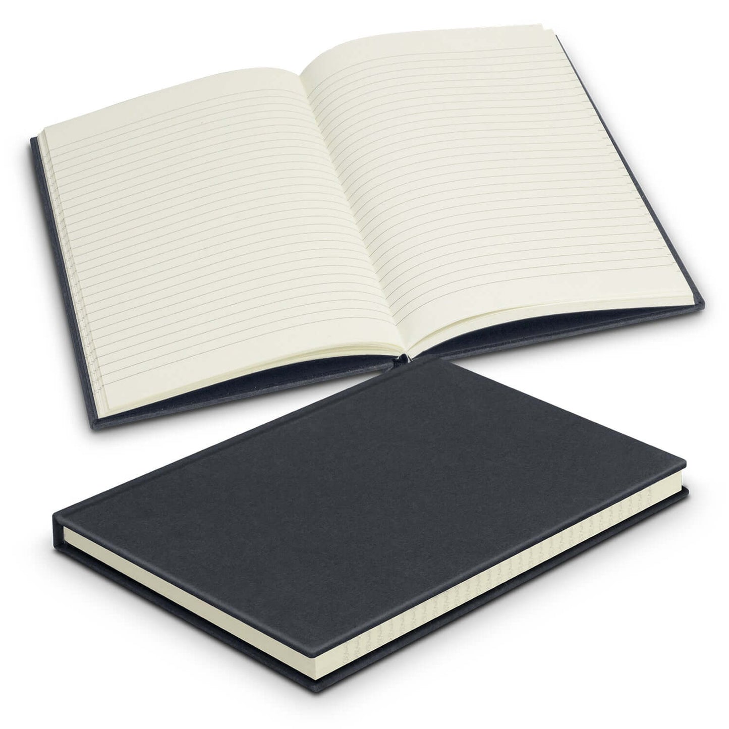 Recycled Cotton Hard Cover Notebook with blank pages open and closed, showcasing eco-friendly design.