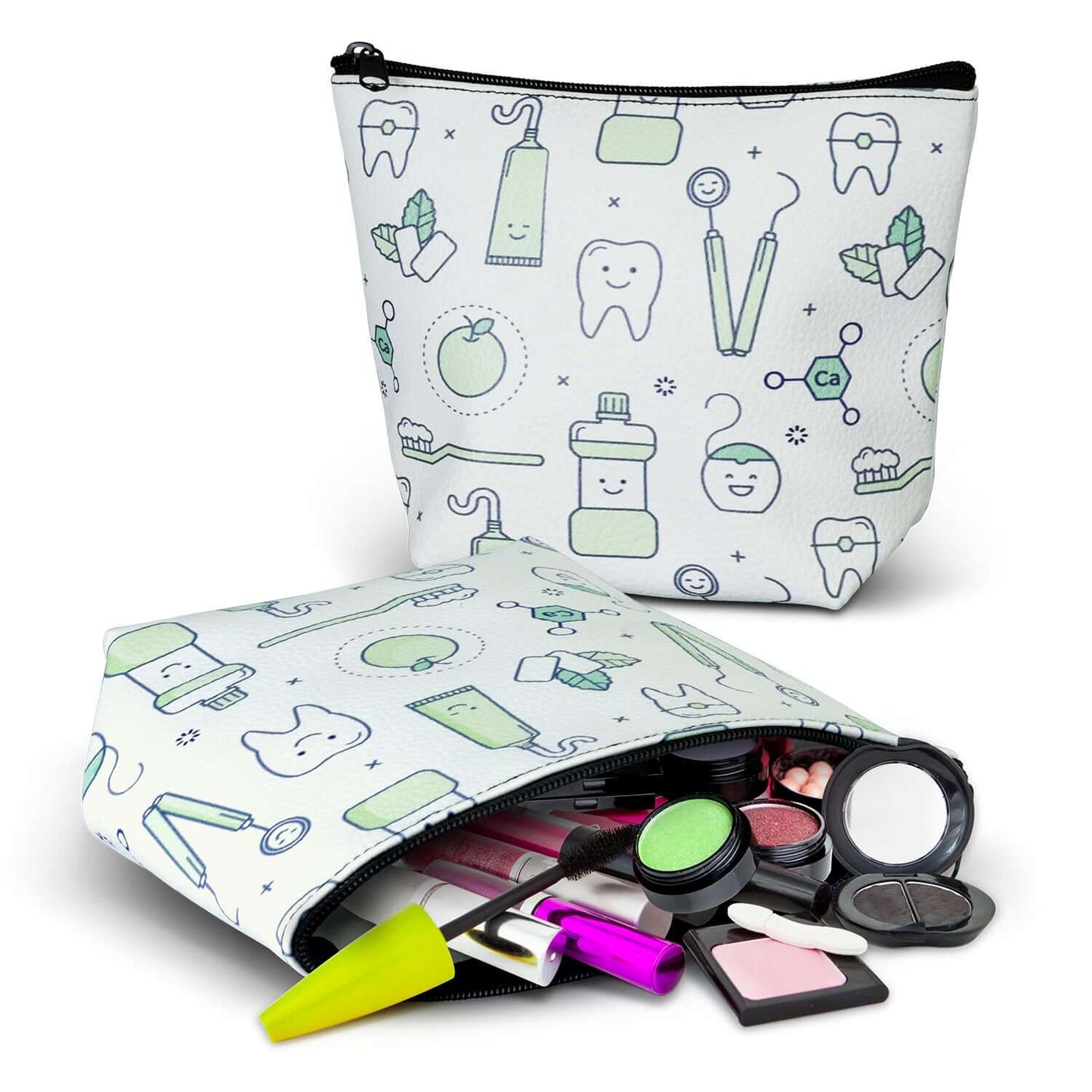 Belle Cosmetic Bag - Small with dental and cosmetic illustrations, featuring a zipper and makeup items inside.