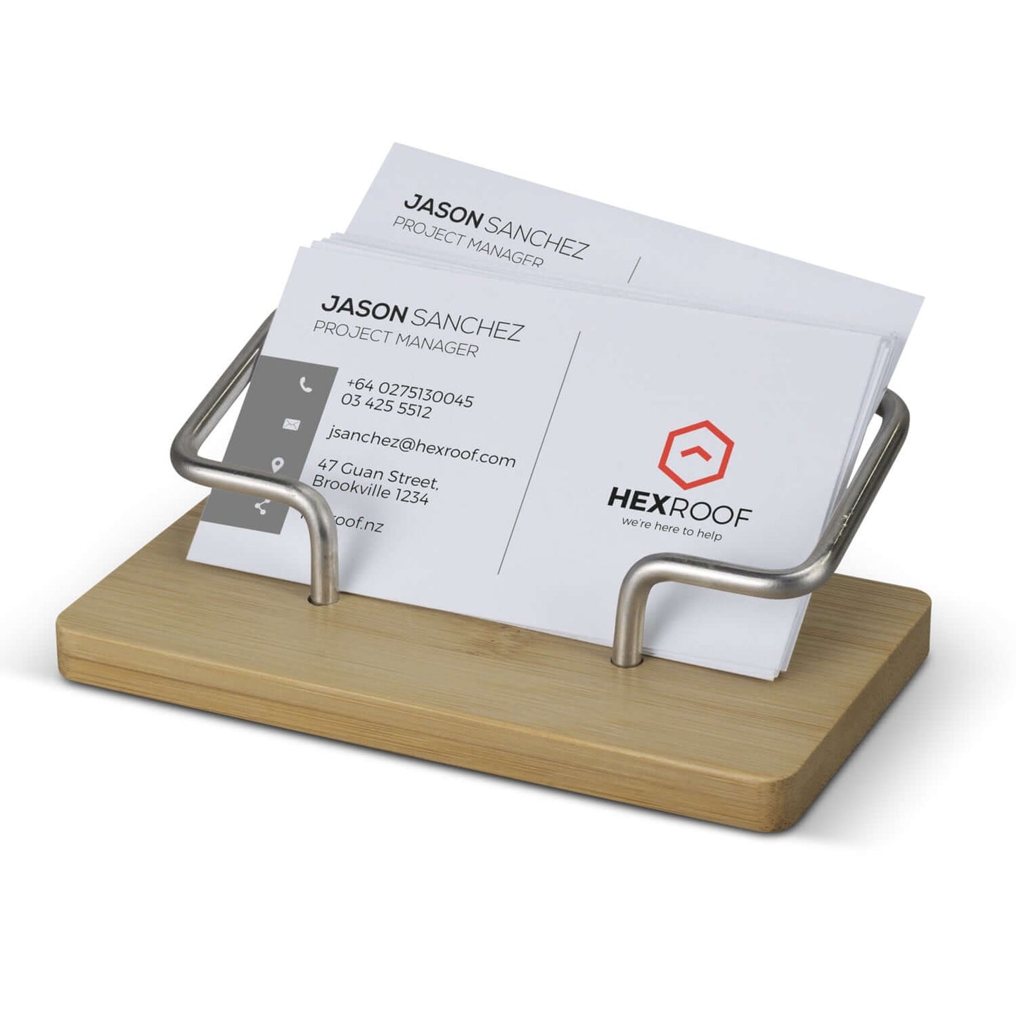 Bamboo Business Card Stand displaying business cards in a stylish and functional design, perfect for corporate gifts.