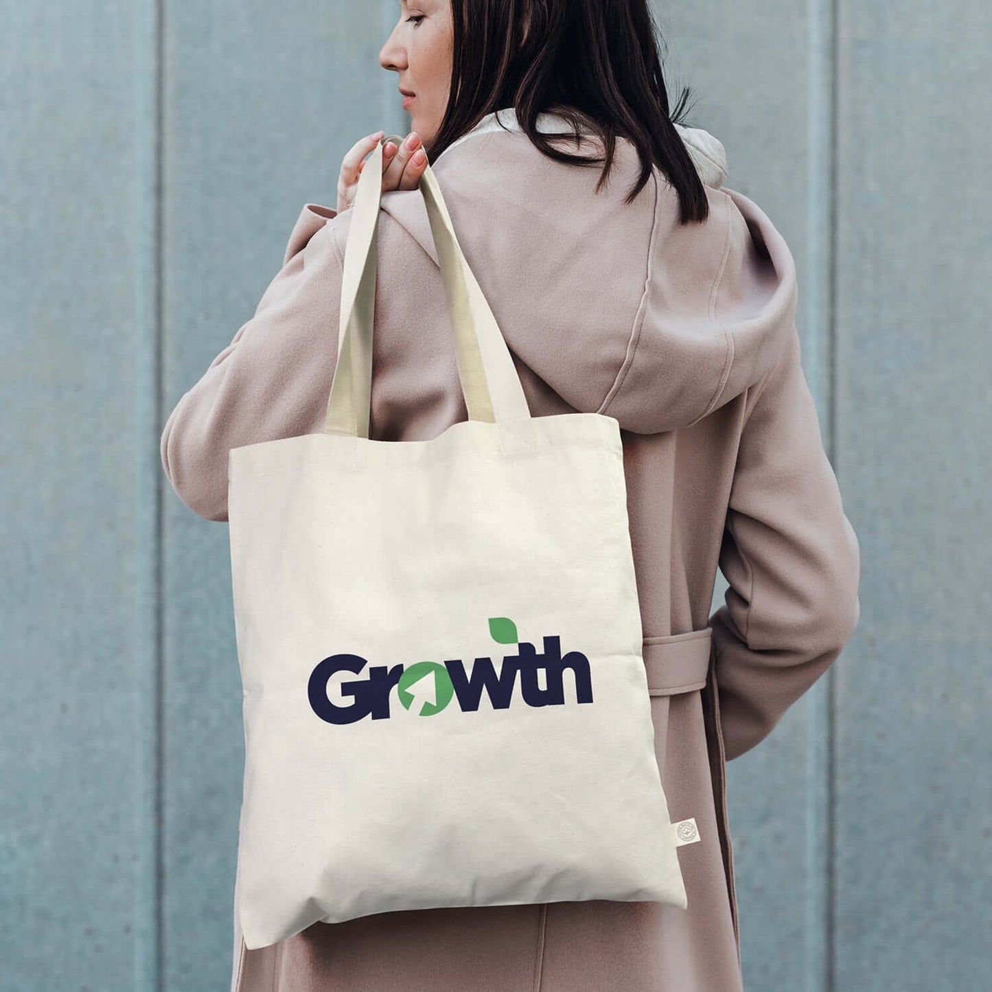 Beige Sonnet Recycled Cotton Tote Bag featuring a 'Growth' logo, ideal for a stylish corporate gift.