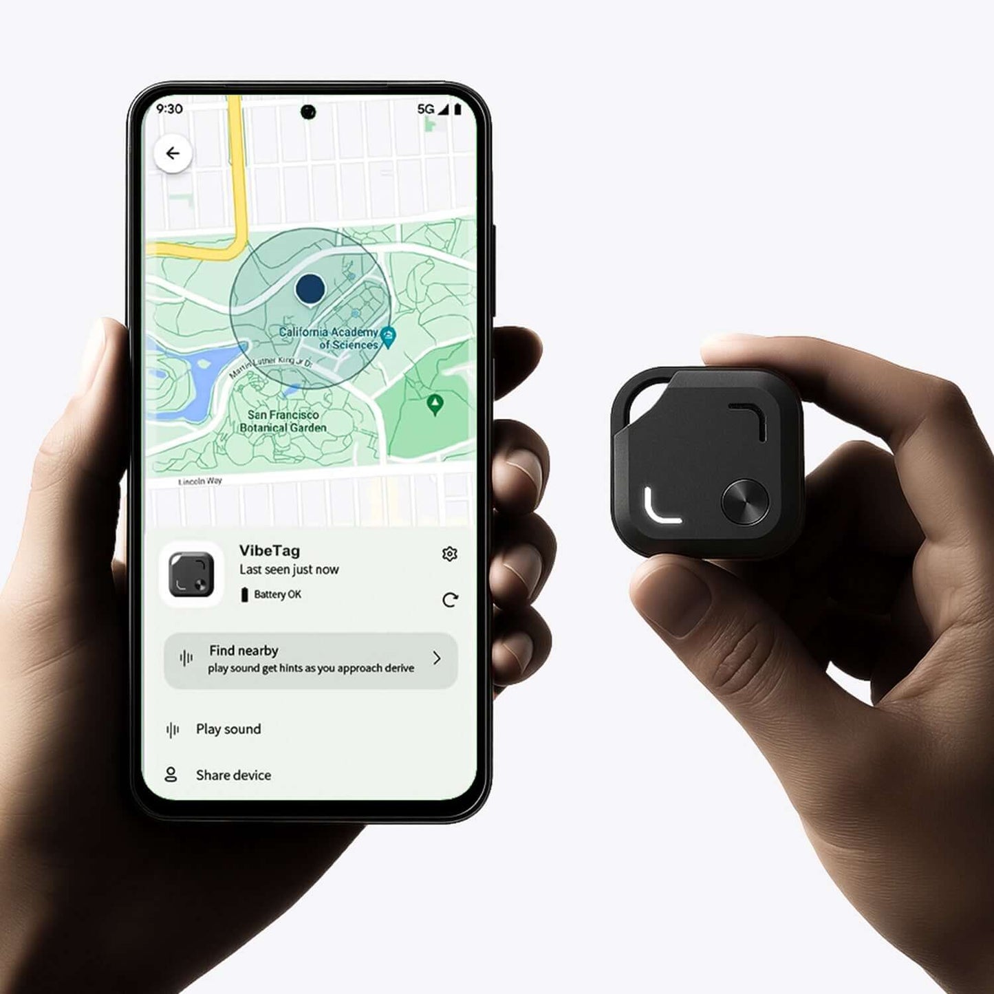 VibeTag Bluetooth Tracker displayed next to a smartphone showing location tracking on the map.