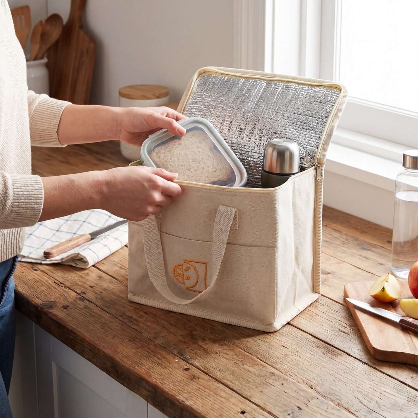Aden Lunch Cooler Bag being filled with food containers, showcasing its insulated lining and cotton handles.