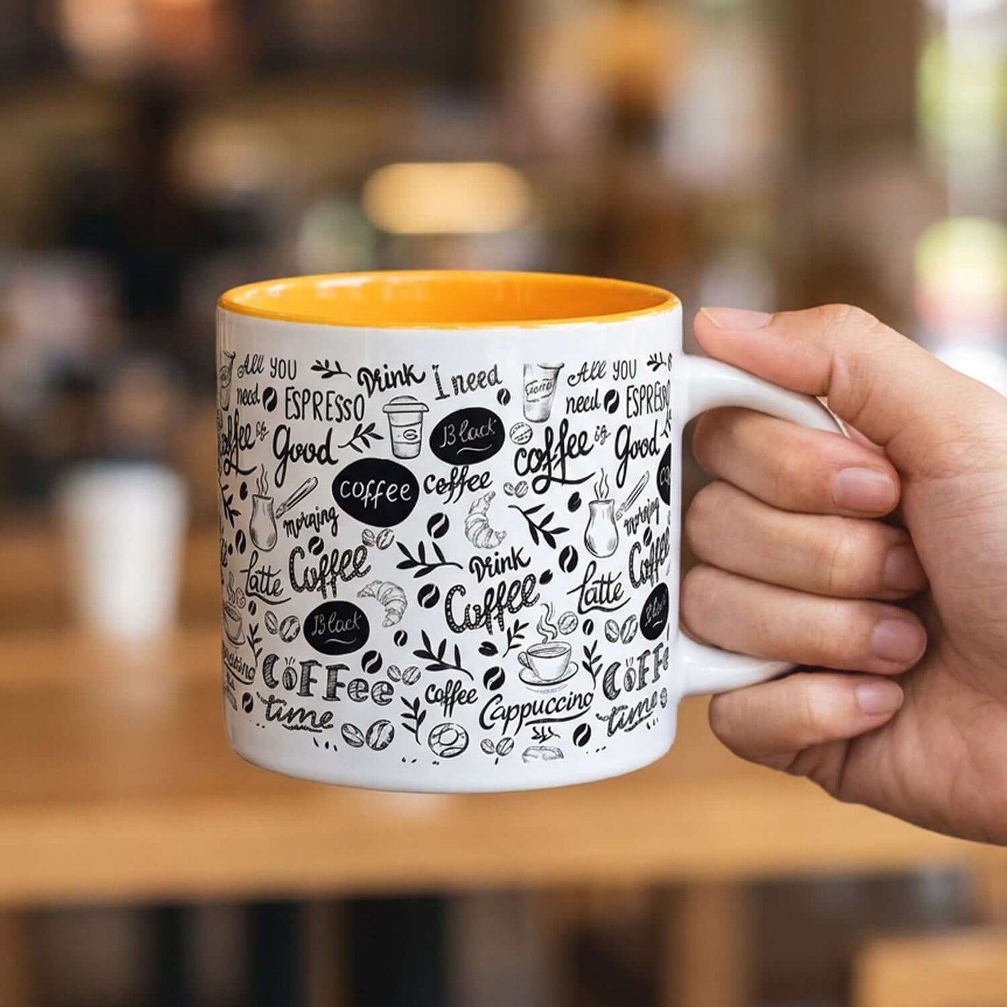 Cora Coffee Mug featuring a two-toned design with coffee-related graphics, perfect for corporate gifts.