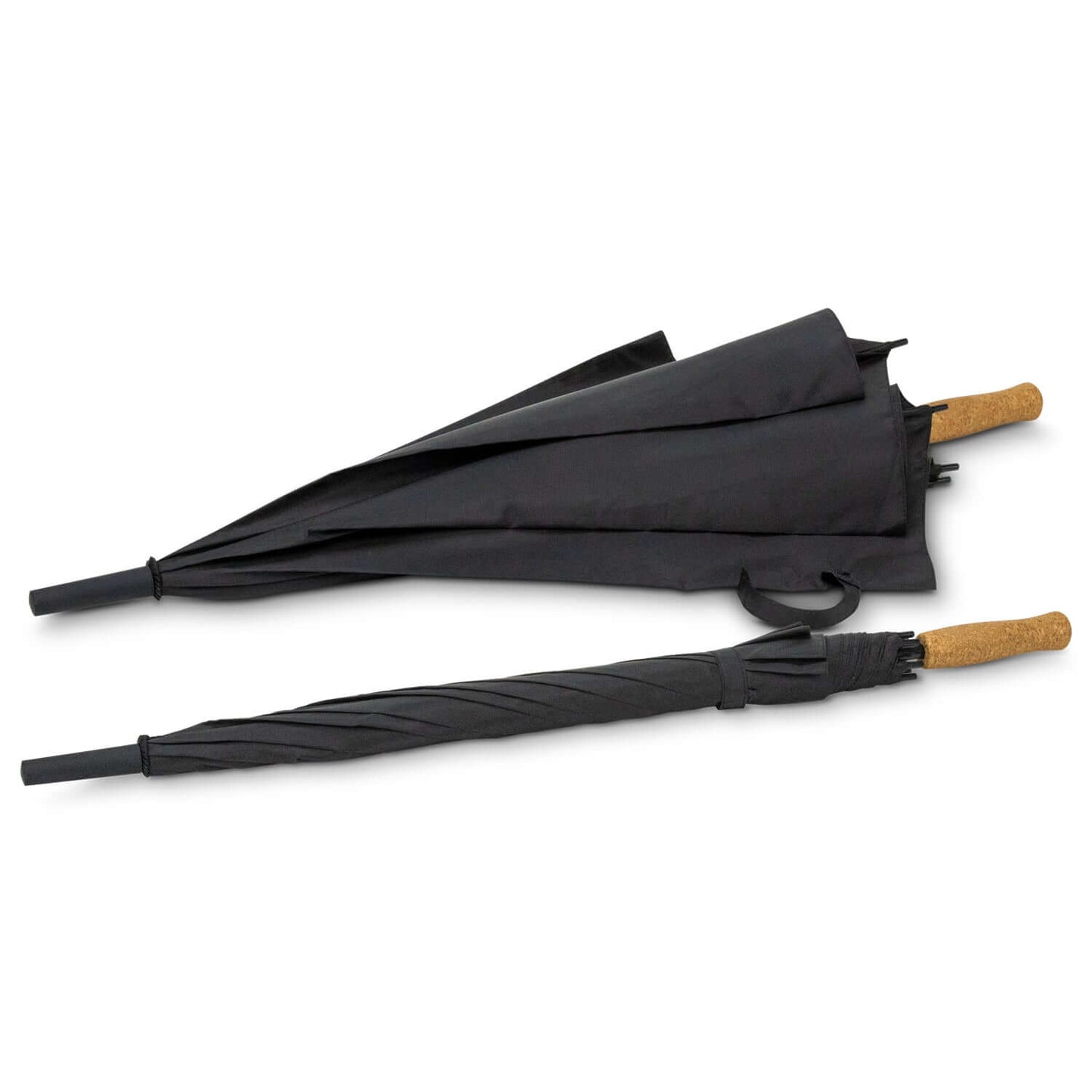 SPICE Waste2Gear Umbrella shown in folded and open position with cork handle and black recycled nylon fabric.