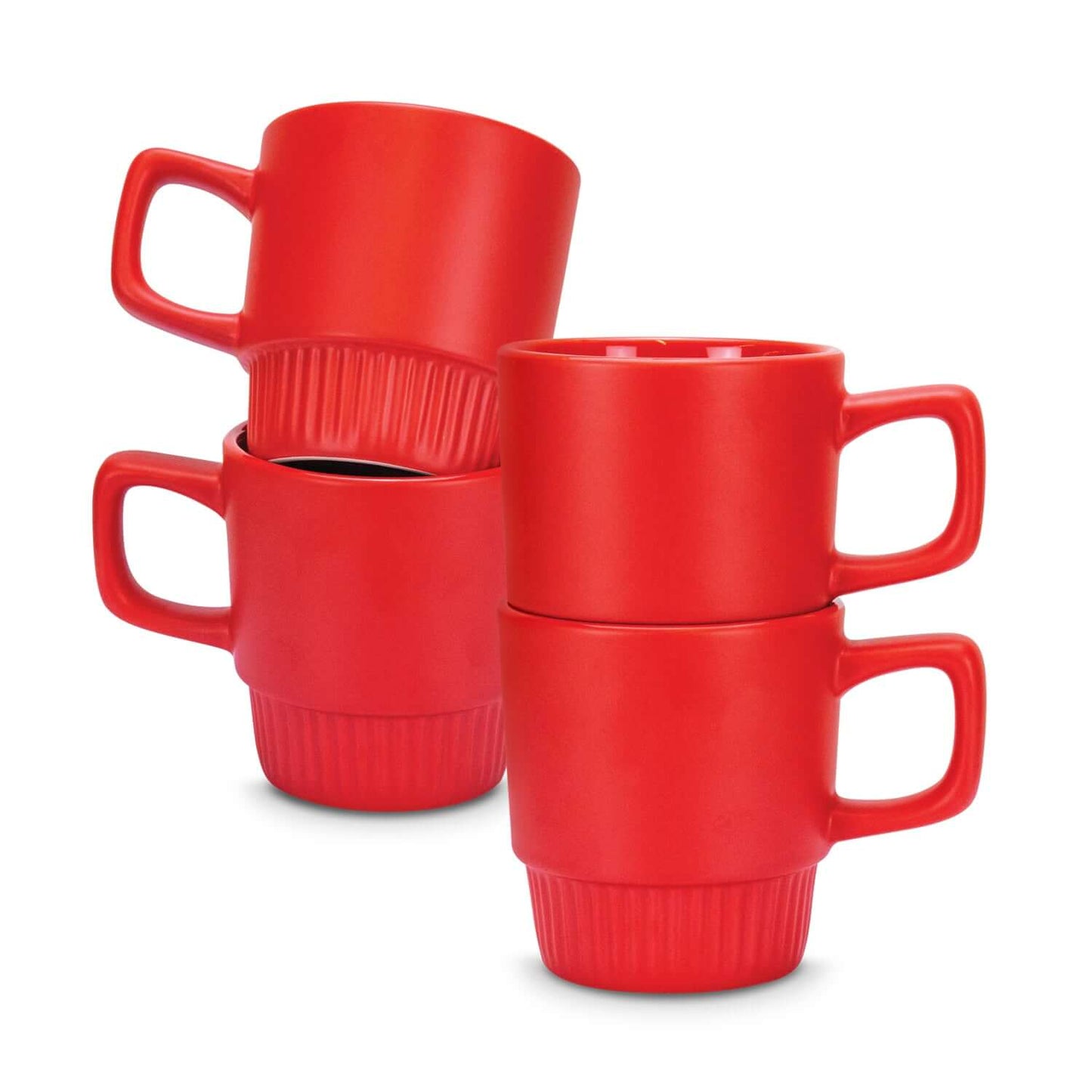 Barista Stackable Coffee Mug in stackable design, red ceramic mugs, perfect corporate gift, space saving storage.