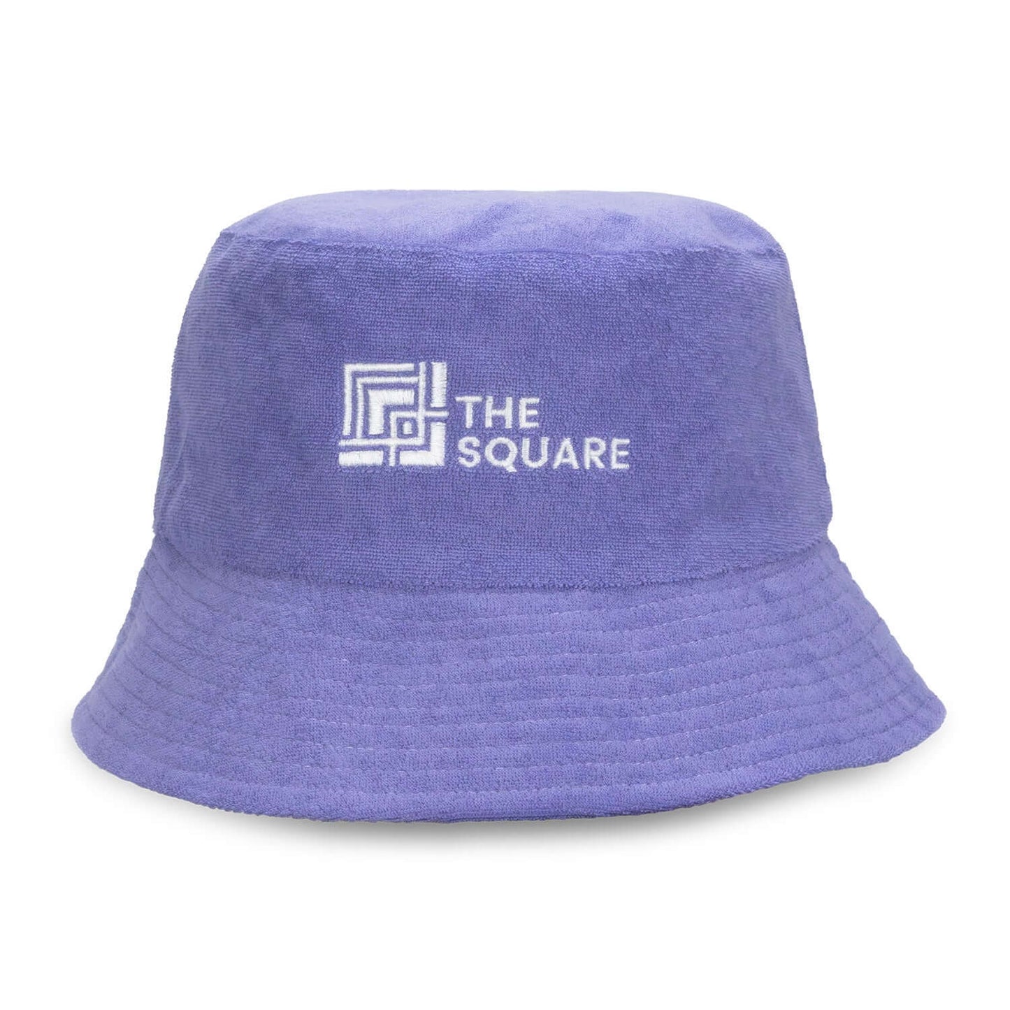 Custom Reversible Twill/Terry Bucket Hat in purple terry fabric with embroidered logo.