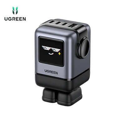 UGREEN Uno Charger 100W in playful robot shape with TFT screen, ideal corporate gift for rapid charging.