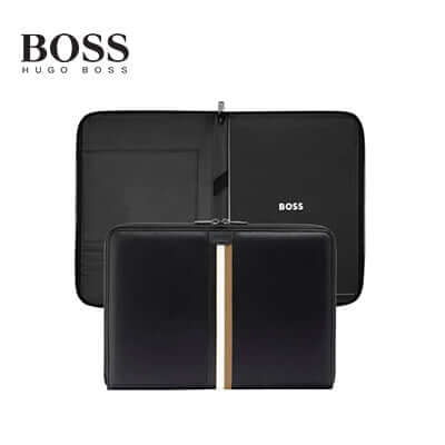 Hugo Boss Conference Folder Zip A4 Iconic Black - sleek design with embossed logo and elegant stripes, perfect for corporate gift.