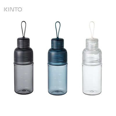 Kinto Workout Water Bottle 480ML in three colors: black, blue, and clear, highlighting its durable design for workouts.
