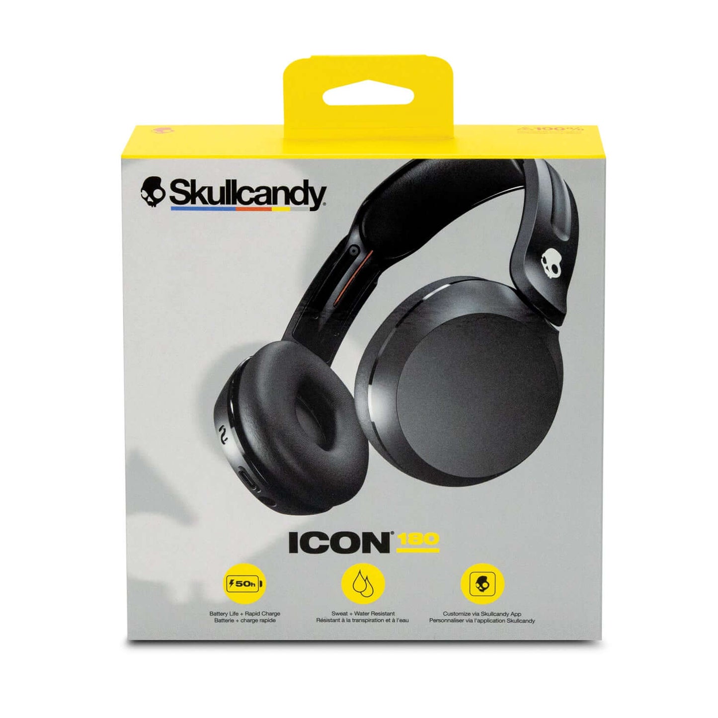 Skullcandy Icon 180 Wireless Headphones packaging with details and features highlighted.
