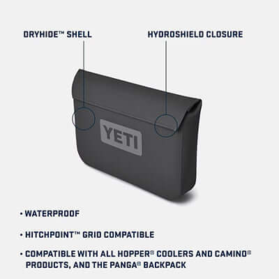 Yeti SideKick Dry® 3L Waterproof Gear Case highlighting DryHide™ shell and Hydroshield closure features.