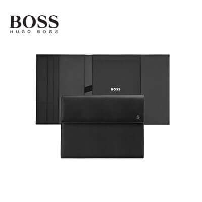 Hugo Boss Folder A4 Double B in matte black PU fabric, perfect as a corporate gift, featuring embossed BOSS logo.