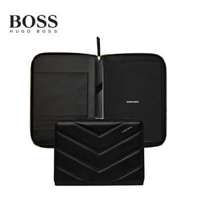 Hugo Boss Conference Folder Zip A4 Triga in black with geometric texture and golden accents, perfect for corporate gift.