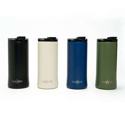 Lumiere Glamor Ceramic Insulated Mug 16oz in four colors: black, cream, blue, and green, ideal corporate gift.