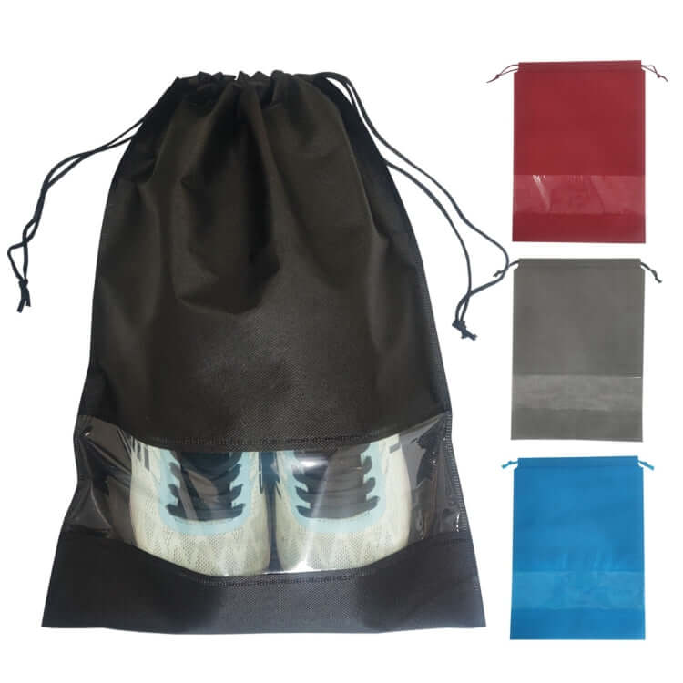 Non Woven Drawstring Shoe Bag in black with transparent bottom and additional colors red, grey, and blue.