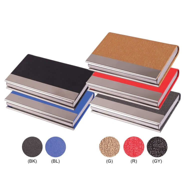 PU Leather Name Card Case in various colors including Blue, Black, Gold, Red, and Grey, perfect for Singapore Corporate Gift.