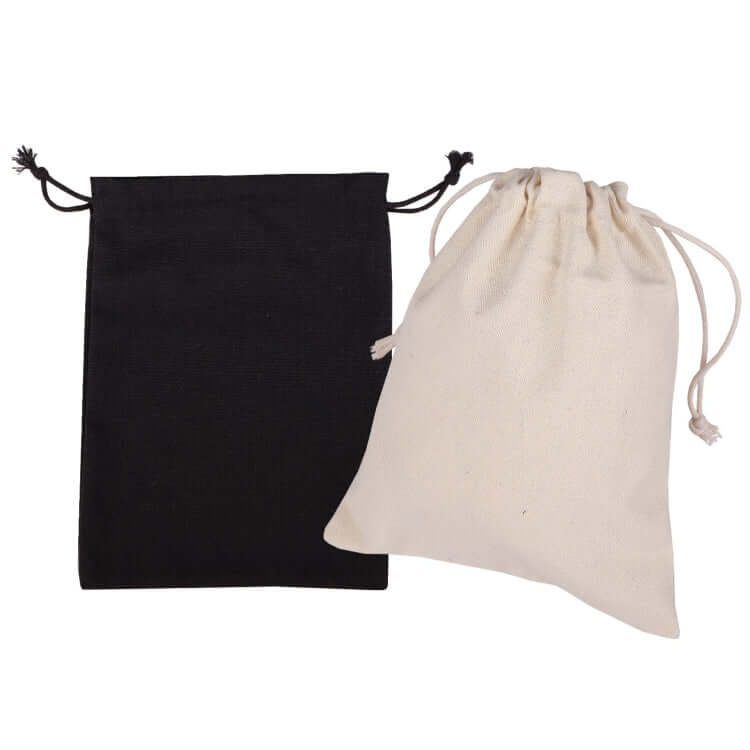 10oz Canvas Drawstring Pouch set in black and cream, ideal for storage and corporate gifts.