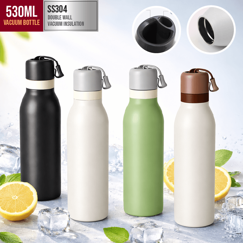 530ML SS304 Stainless Steel Vacuum Flask in four colors with ice and lemon, showcasing double wall vacuum insulation.