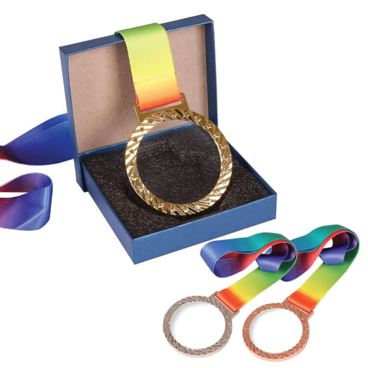 Crystal Hanging Medal displayed in a presentation box with colorful ribbons, available in gold, silver, and bronze.