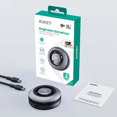 Aukey LC-G10 Qi2 Magnetic Fast Wireless Charging Active Cooling with Magnetic Ring and packaging.
