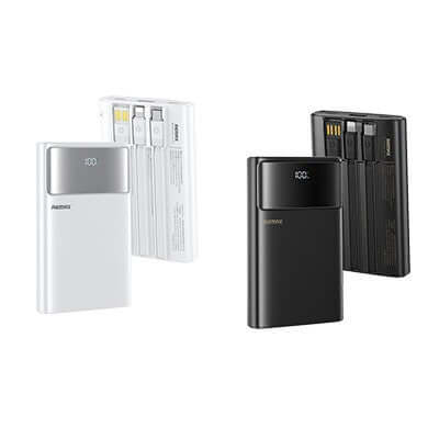 Remax FC-03 Quick Charge Powerbank with Built-in Cables in white and black colors, perfect for on-the-go charging.