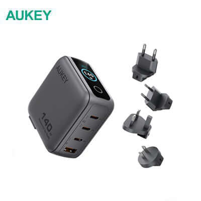 AUKEY PA-B10U 140W GaN Wall Charger Smart Display with Interchangeable Plugs and plugs