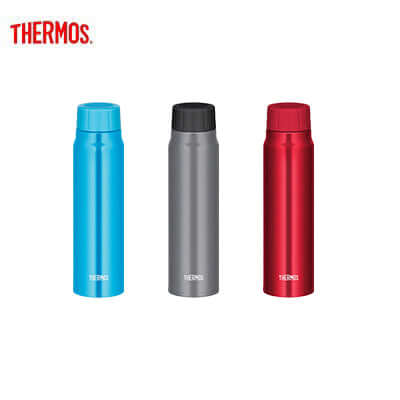 Thermos FJK-500 Carbonated Drink Bottle in Light Blue, Silver, and Red colors for refreshing drinks on-the-go.