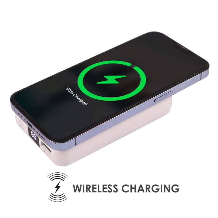 10000MAH Wireless Power Bank with Magsafe charging a smartphone, displaying battery status at 95% charged.