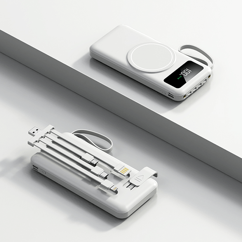 10000mAh Powerbank with Detachable Cables and Wireless Charging on a minimalist surface.