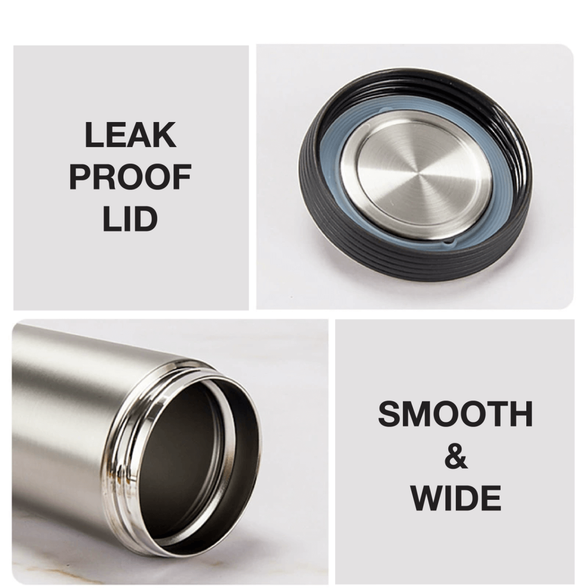 Close-up of the Executive 350ml Stainless Steel Vacuum Flask showing leak proof lid and smooth wide opening.