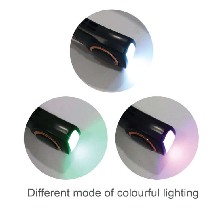 Different modes of colorful lighting on a portable flashlight, showcasing versatility in colors.